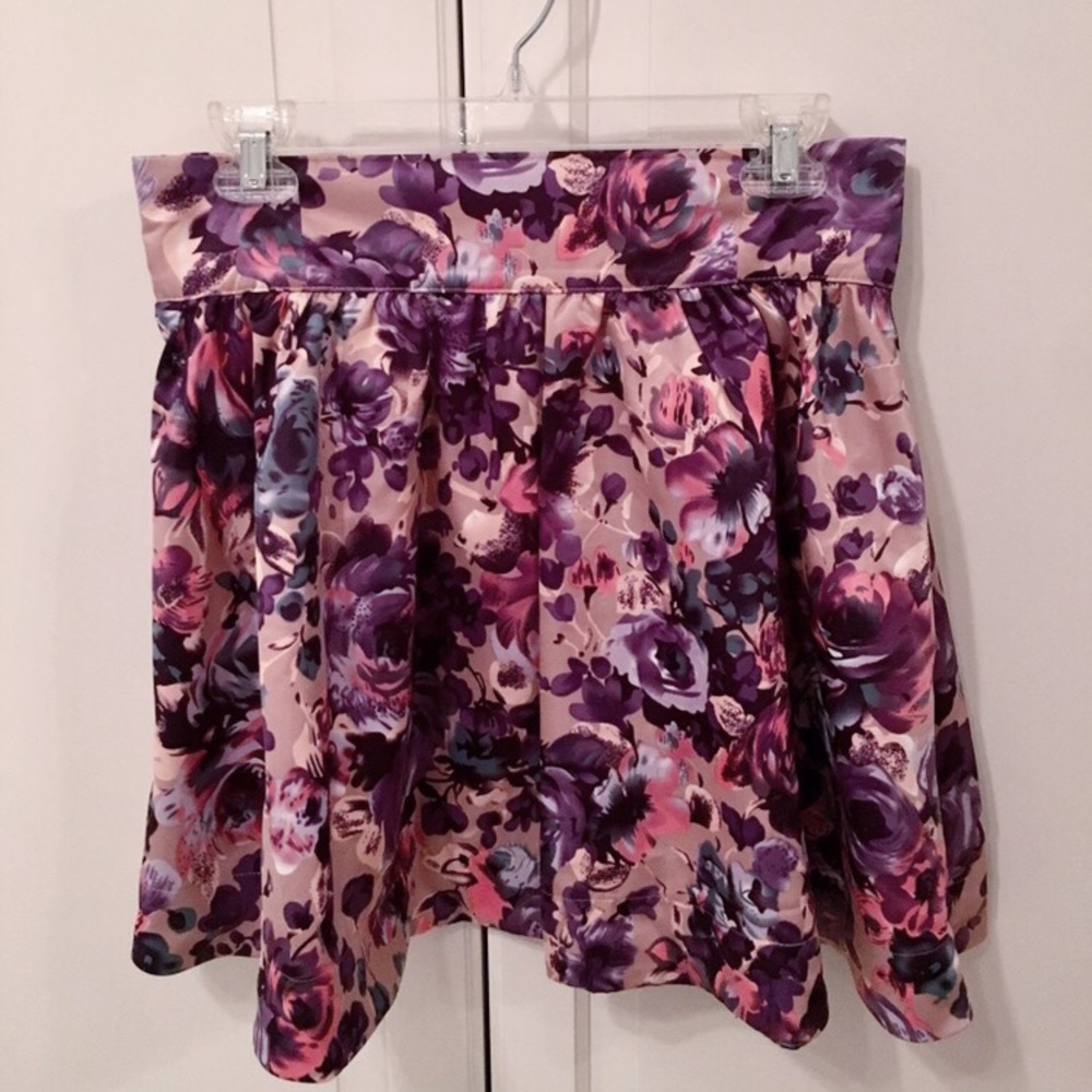 Floral pink and purple satin high waisted skirt